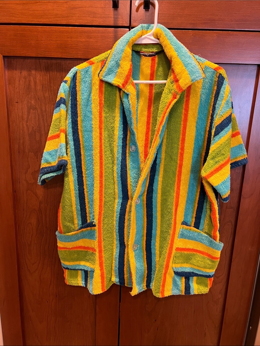 Vintage 60's Cabana Striped Terry Short-Sleeve Button Jacket bright Multicolor